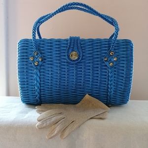 Vintage Blue Woven Wicker Top-Handle Bag